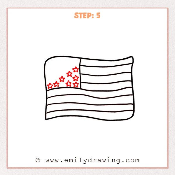 how to draw an american flag - Step 5: Several small stars appear inside the canton of the American flag.